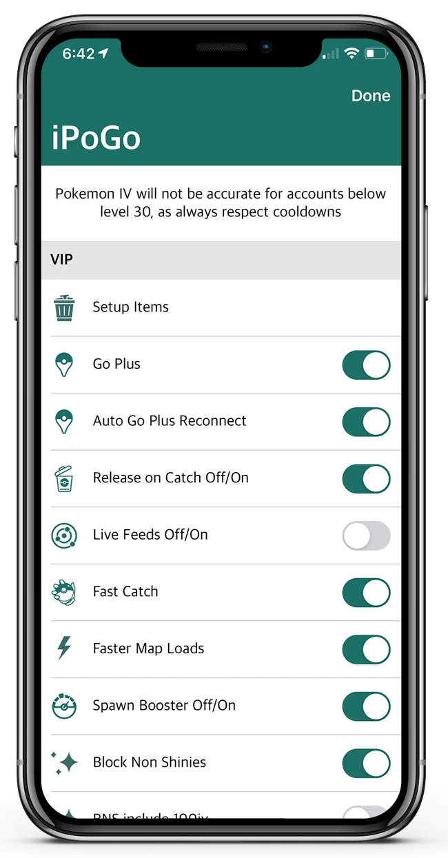 iPogo on iPhone showing Go Plus, Fast Catch and other app settings